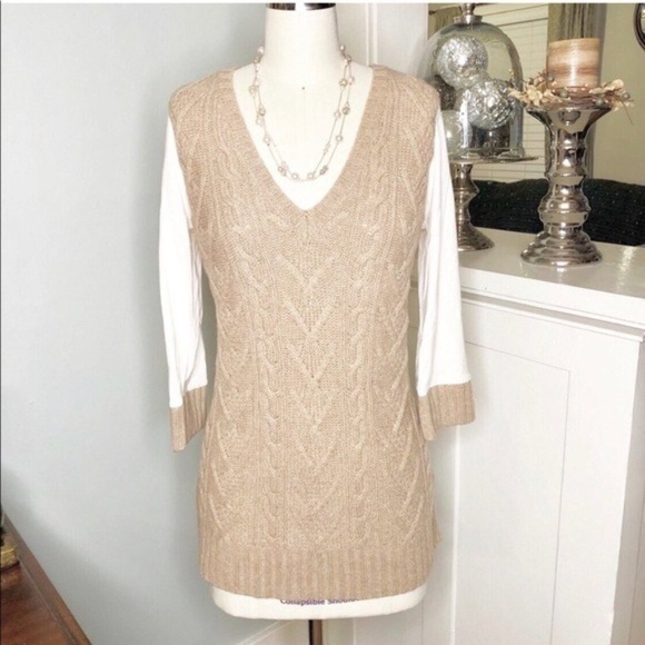 Anthropologie Pilcro Tan & White Cable Knit V Neck Sweater Medium - Picture 3 of 8